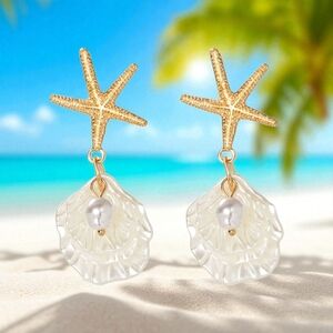 Gold Starfish and Pearl‎ Shell Faux Fashion Earrings
